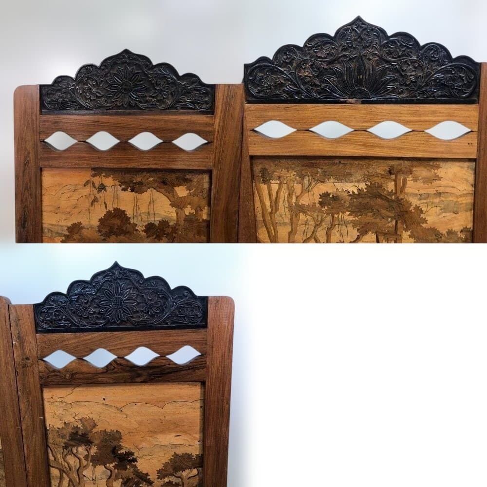 昭和52年製 日本製 木象嵌 三連衝立 松に孔雀 瑞鳥 山水図 神戸税関