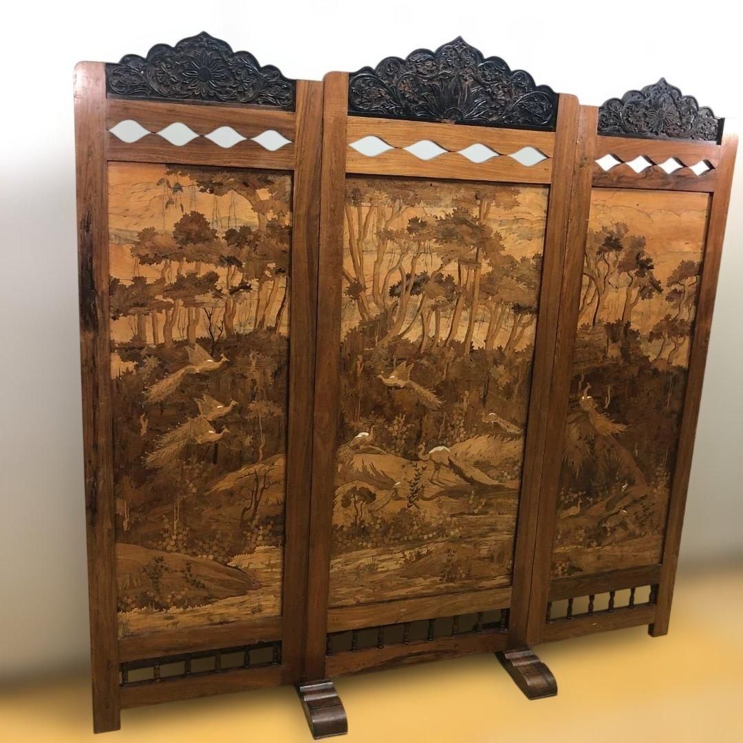 昭和52年製 日本製 木象嵌 三連衝立 松に孔雀 瑞鳥 山水図 神戸税関