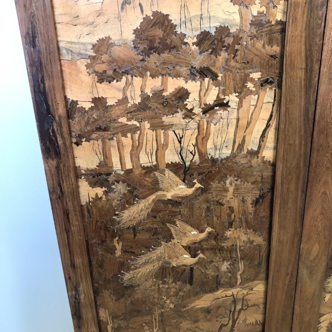 昭和52年製 日本製 木象嵌 三連衝立 松に孔雀 瑞鳥 山水図 神戸税関