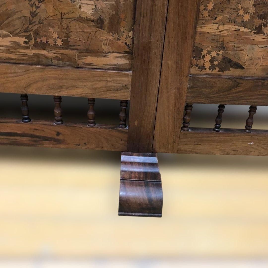 昭和52年製 日本製 木象嵌 三連衝立 松に孔雀 瑞鳥 山水図 神戸税関