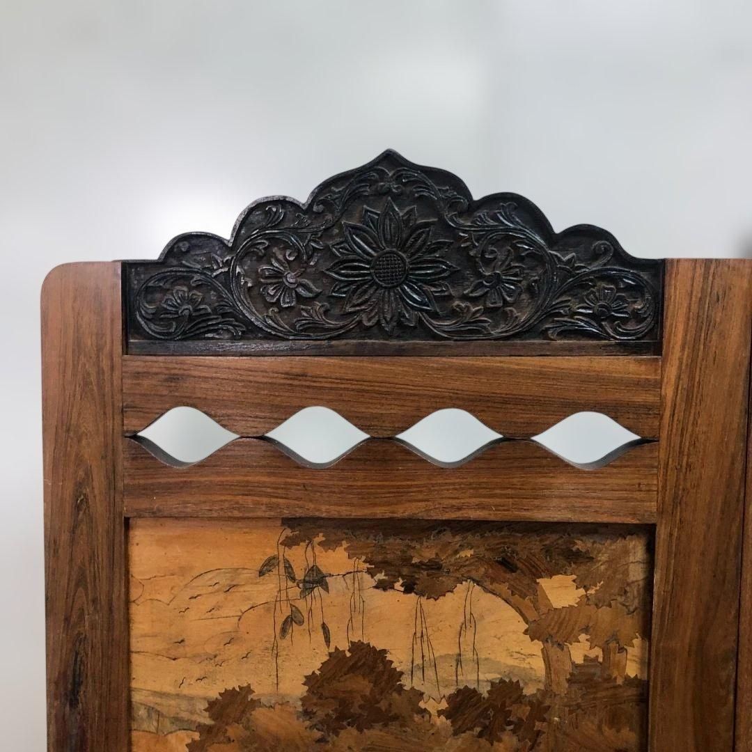 昭和52年製 日本製 木象嵌 三連衝立 松に孔雀 瑞鳥 山水図 神戸税関