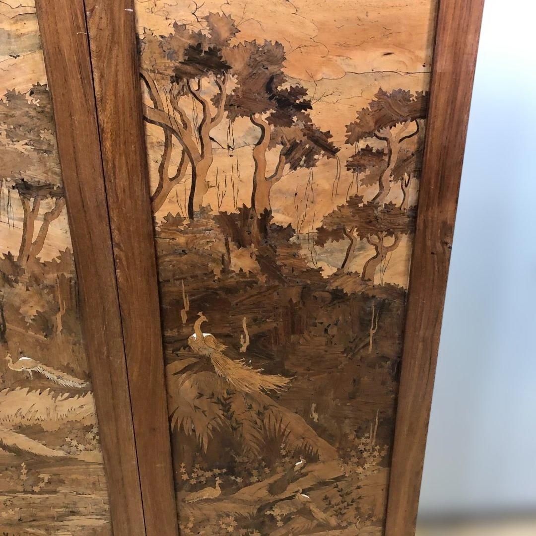 昭和52年製 日本製 木象嵌 三連衝立 松に孔雀 瑞鳥 山水図 神戸税関