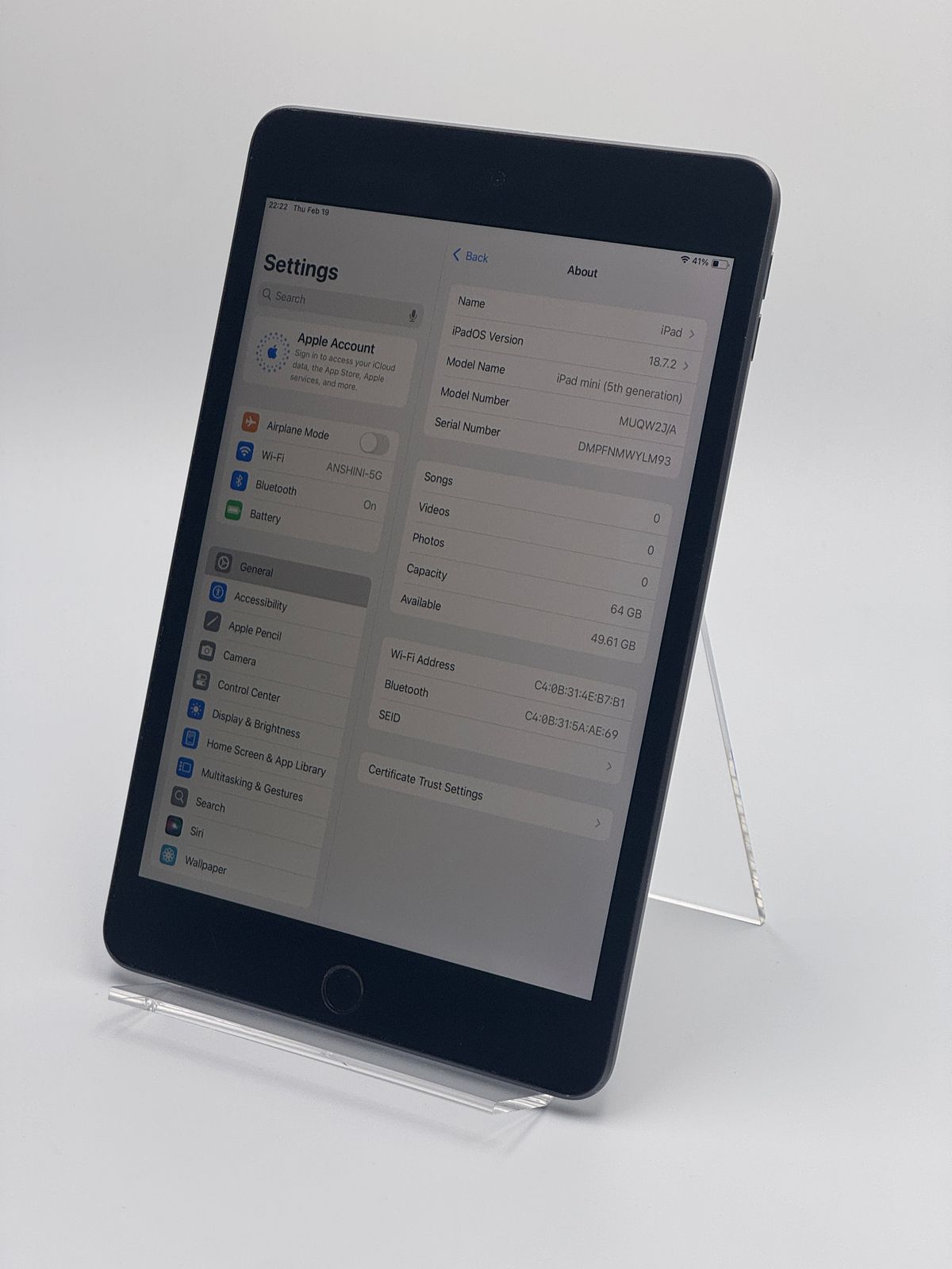 中古B】iPad mini 第5世代 64GB スペースグレイ Wi-Fi バッテリー【83