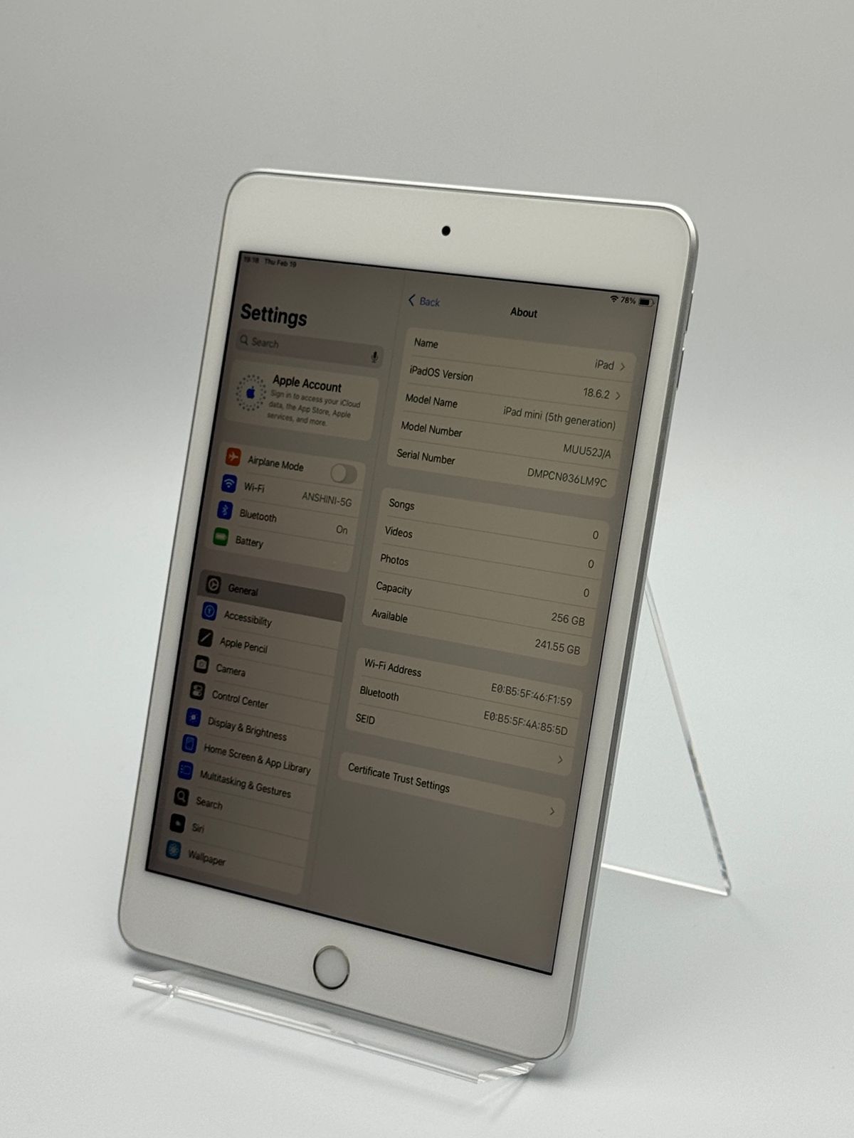 中古B】iPad mini 第5世代 256GB シルバー Wi-Fi バッテリー【84