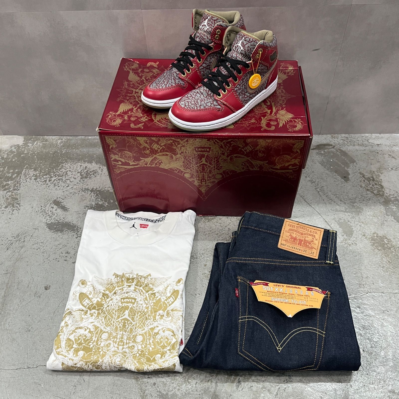 NIKE × Levi\u0027s Air Jordan 1 23⁄501 Mid Denim Pack Red Cement 