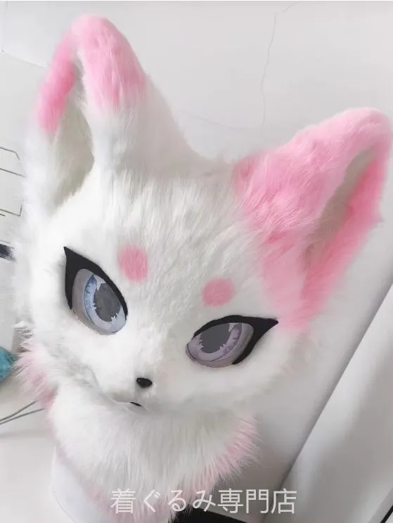 着ぐるみヘッド 猫 白 口閉じる 全頭ヘッド ケモノ マスク ファー