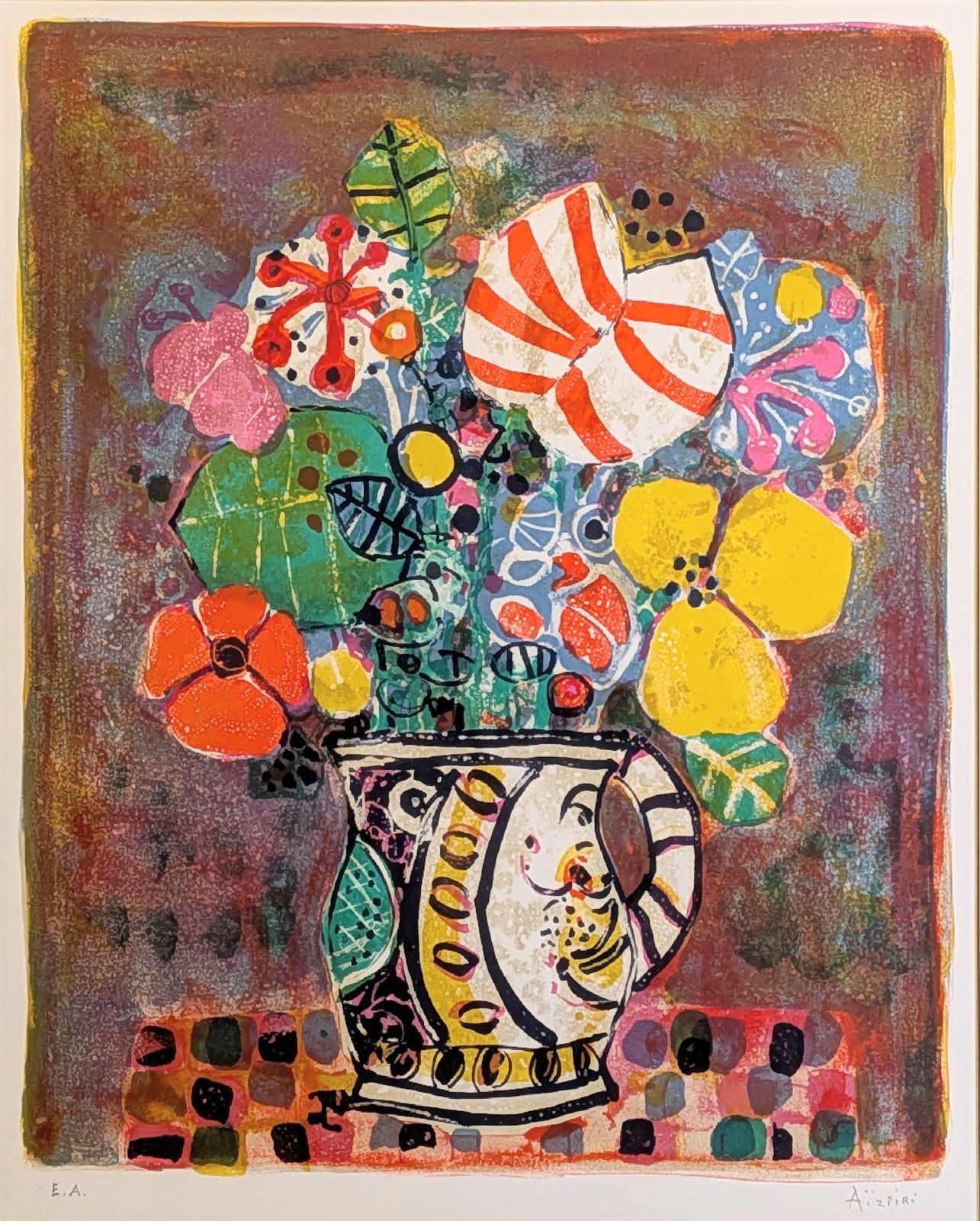 ポール・アイズピリ「花瓶の花束・野の花」リトグラフ 直筆サイン EA