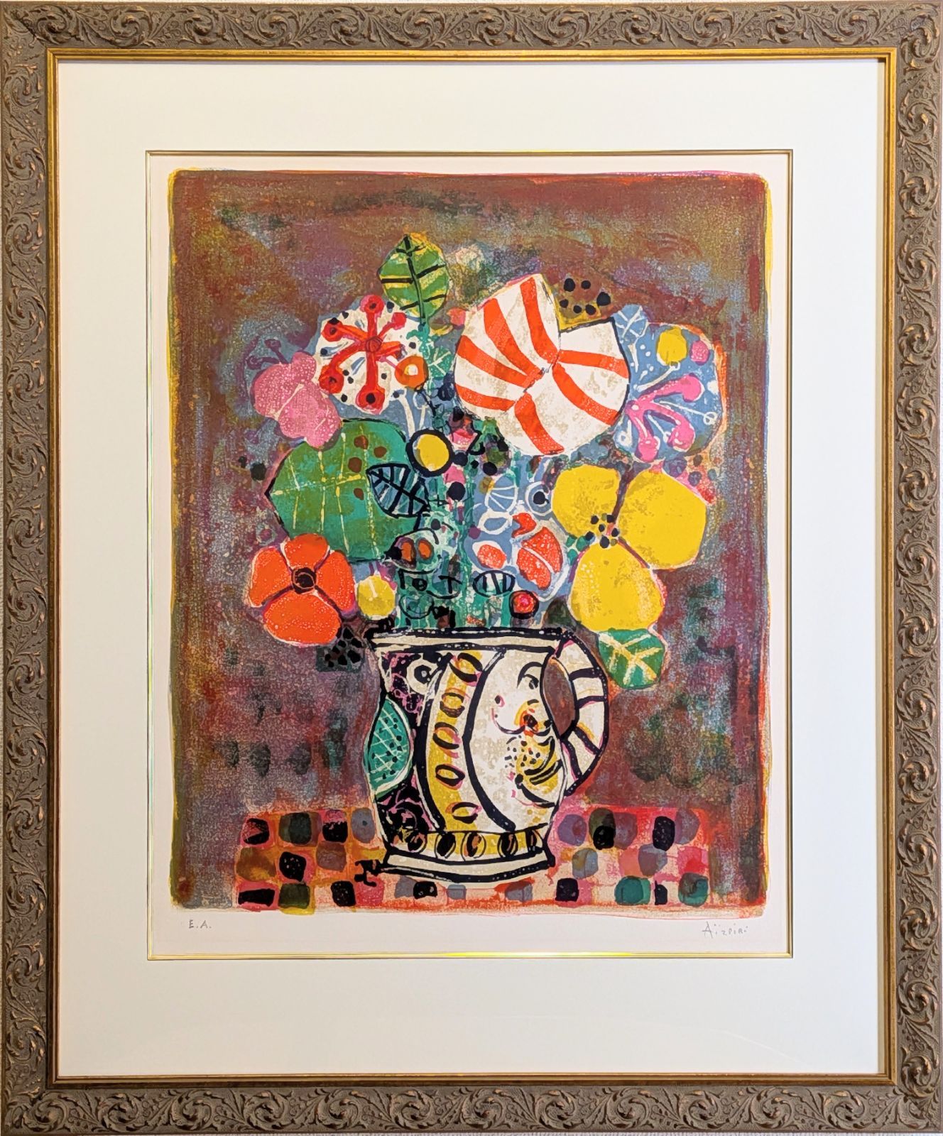 ポール・アイズピリ「花瓶の花束・野の花」リトグラフ 直筆サイン EA