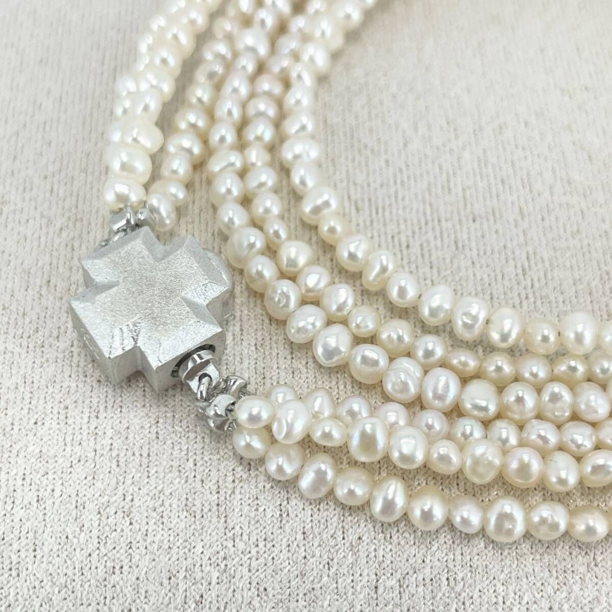 3.3mm】ベビーパール 淡水パール 3連 ネックレス シルバー クロス
