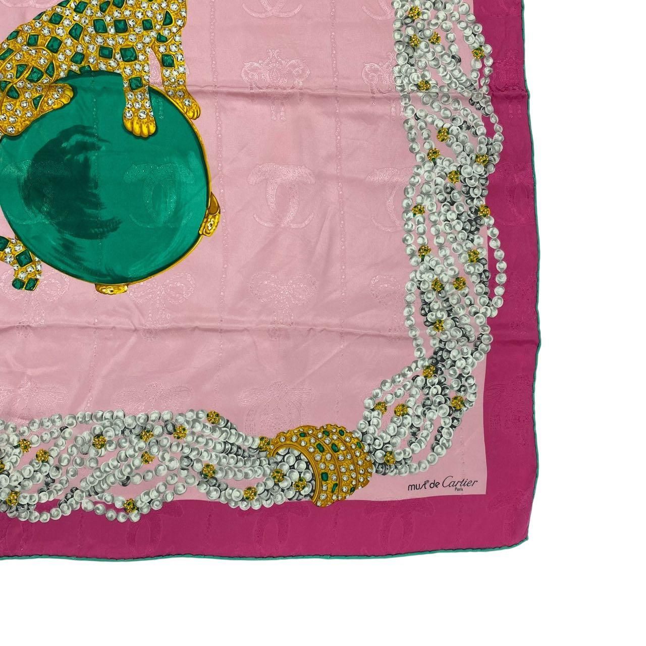 美品 Cartier カルティエ スカーフ パンテール ヒョウ柄 シルク ピンク