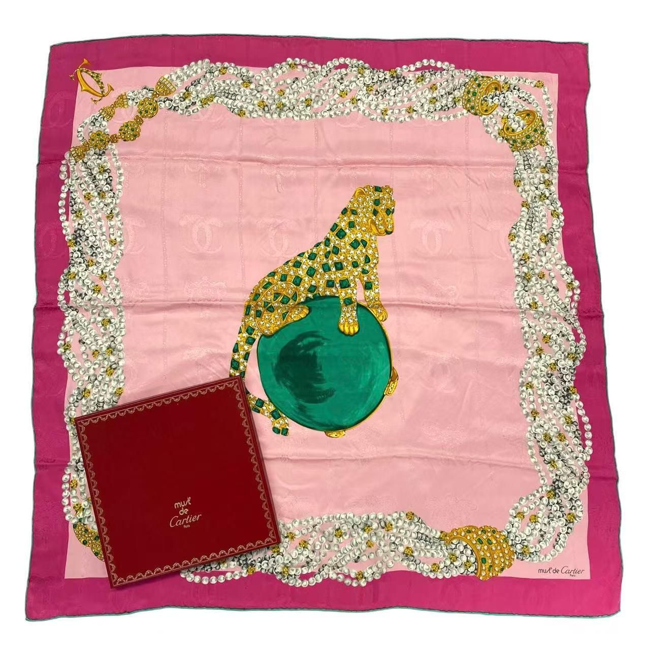 美品 Cartier カルティエ スカーフ パンテール ヒョウ柄 シルク ピンク