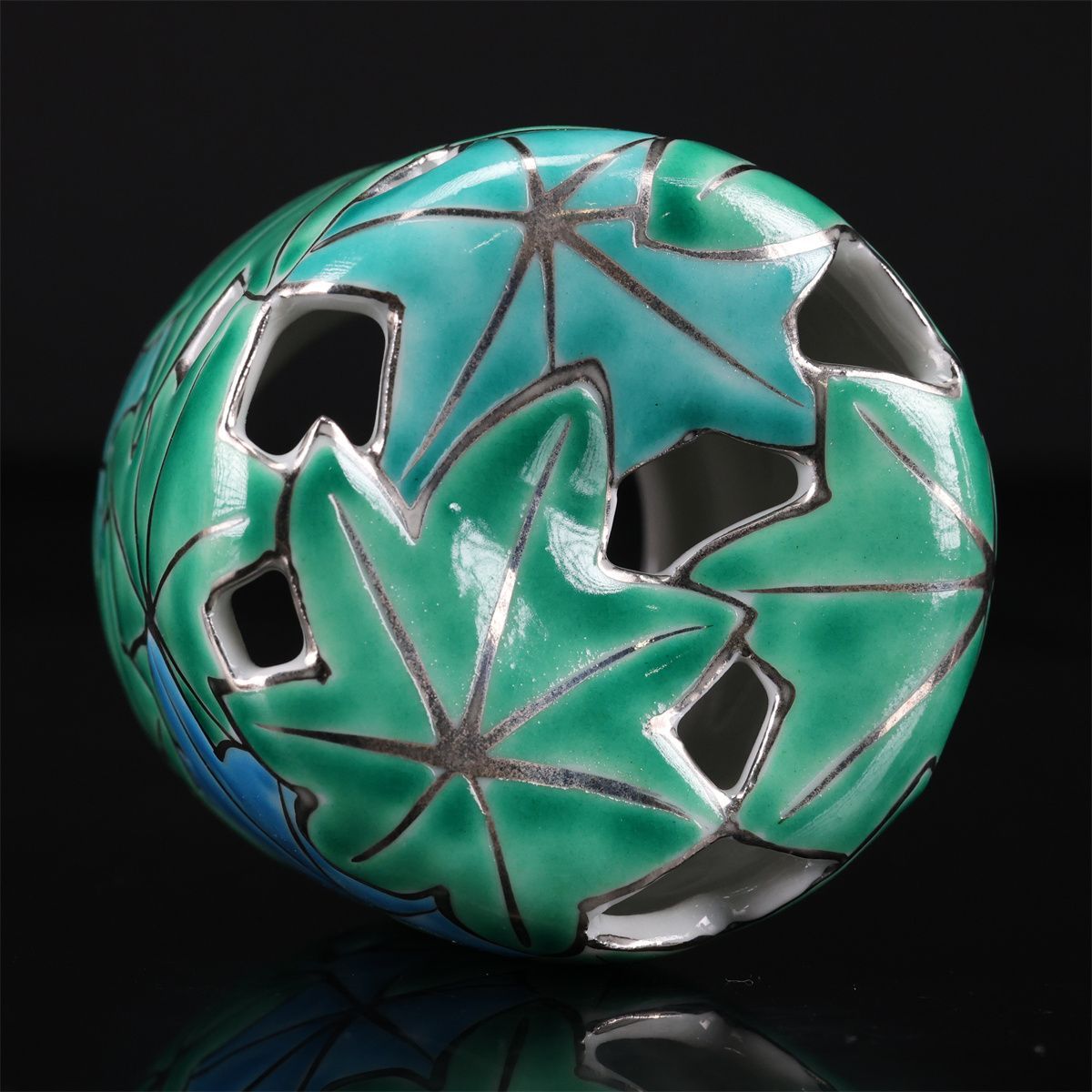 京焼名工 平安 【高野昭阿弥】作 色絵青楓 蓋置／共箱付 美品！CP567