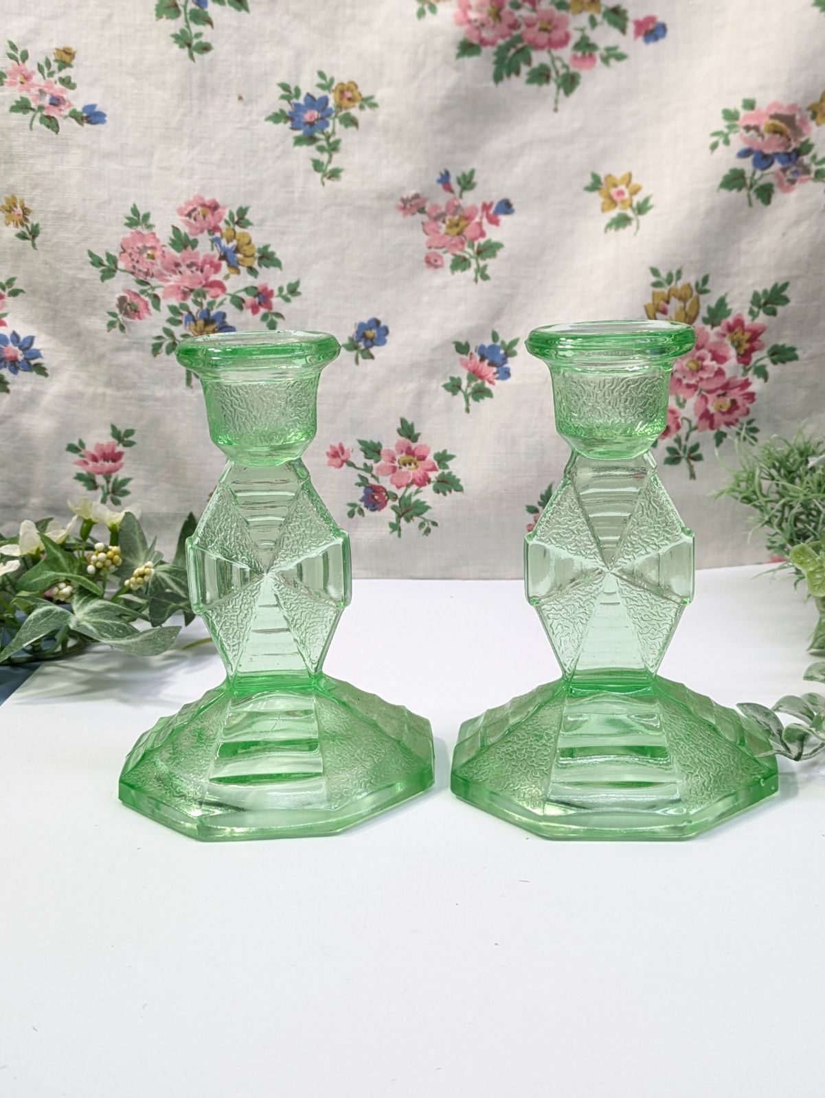 イギリス アンティーク ガラス製 キャンドルスタンド ペア 2個セット