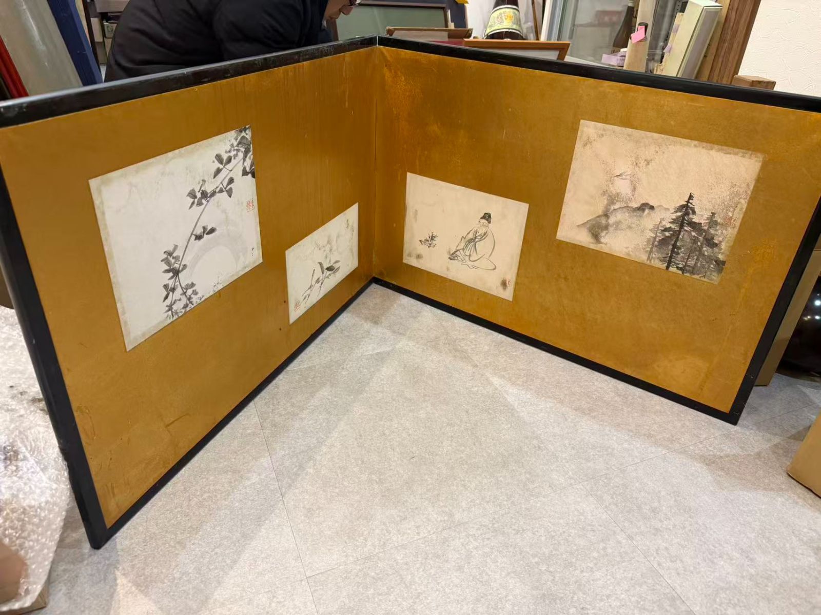 豪華金箔風】二曲屏風 色紙四点合装 水墨淡彩 統一落款「優」和風