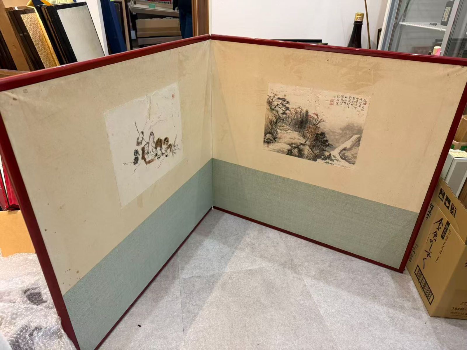 二曲屏風】大型 屏風 80cm 水墨山水画 蔬果図 色紙二点 合装 骨董