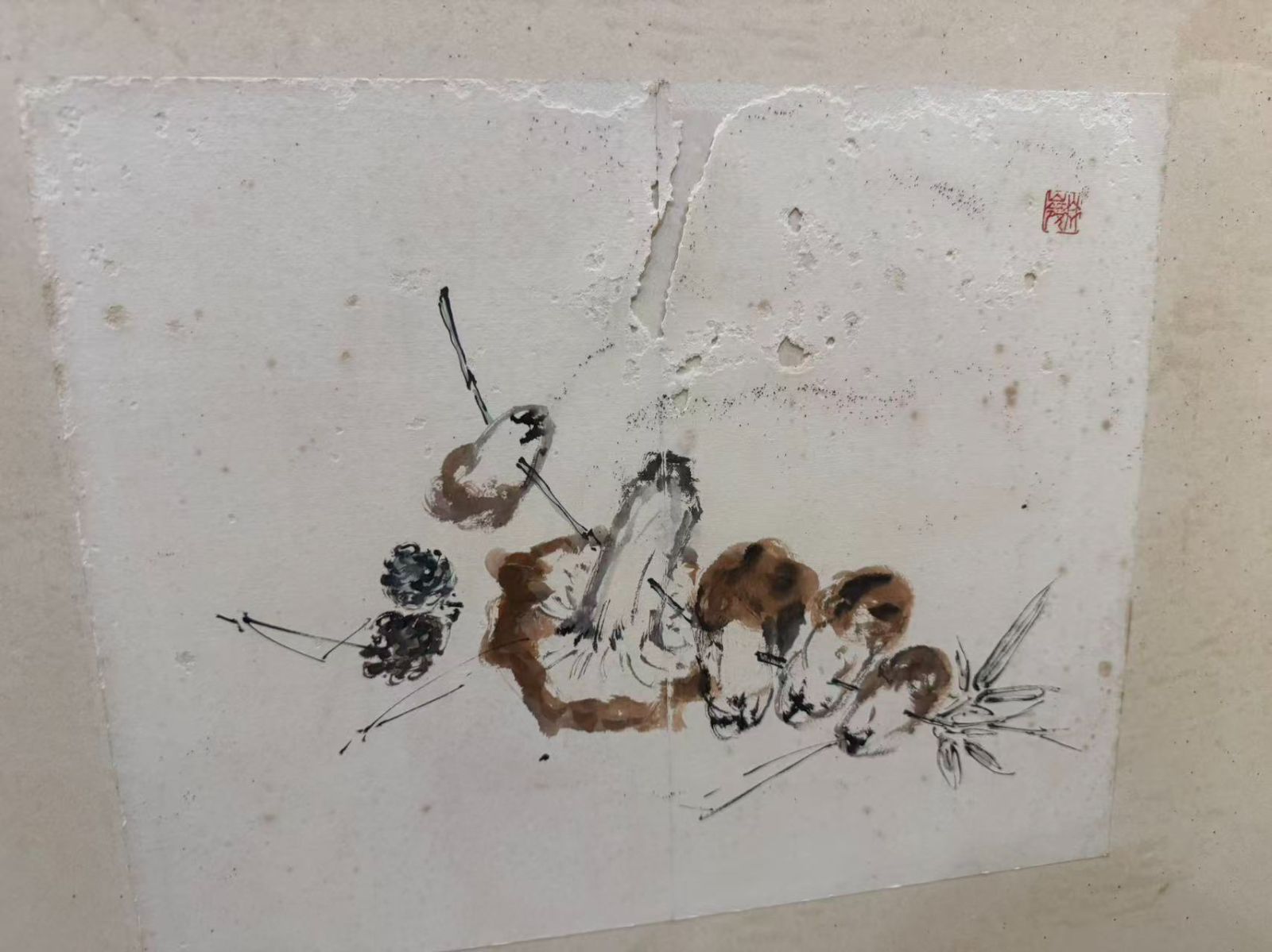 二曲屏風】大型 屏風 80cm 水墨山水画 蔬果図 色紙二点 合装 骨董