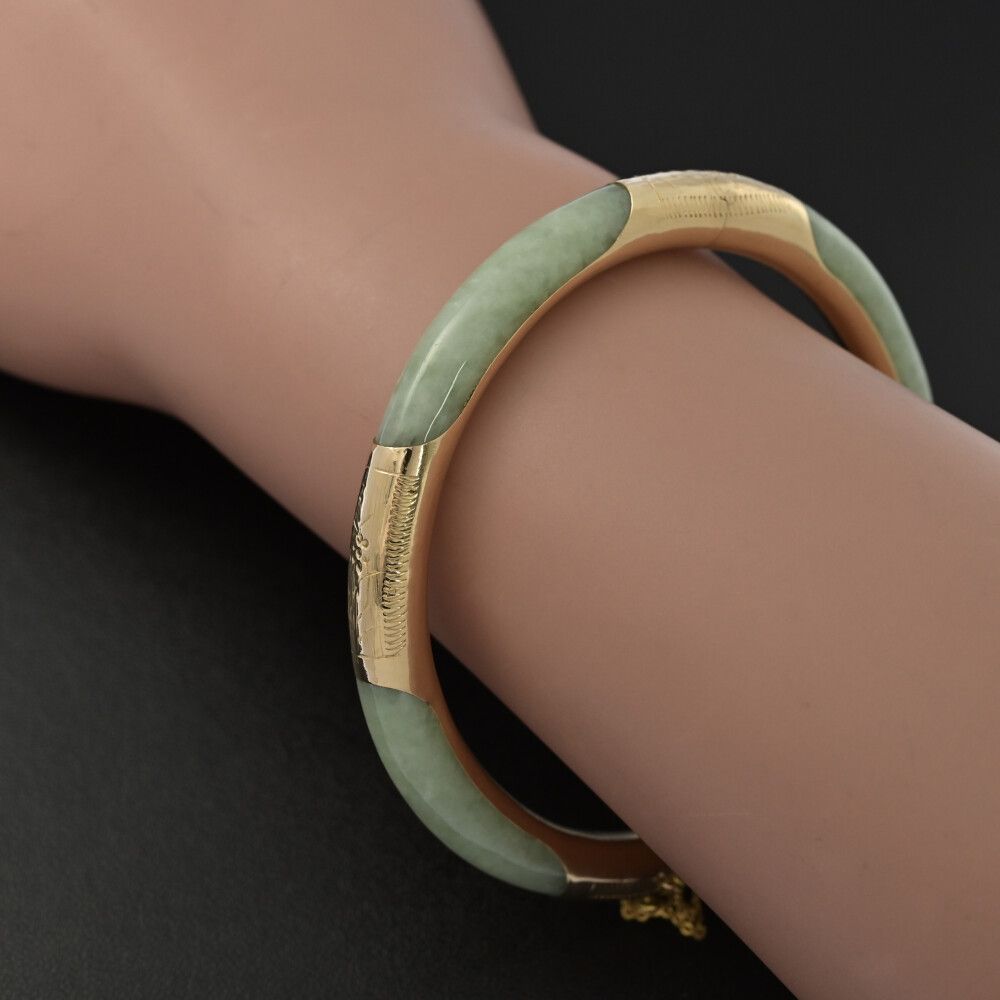 美品 1点モノ 円形 翡翠 ジェイド バングル ブレスレット K14YG/585