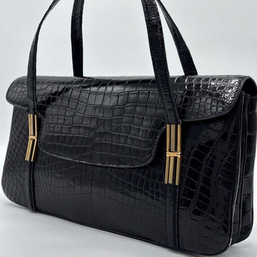 クロコダイル トートバッグ フラップ ブラック 黒色 センター取り