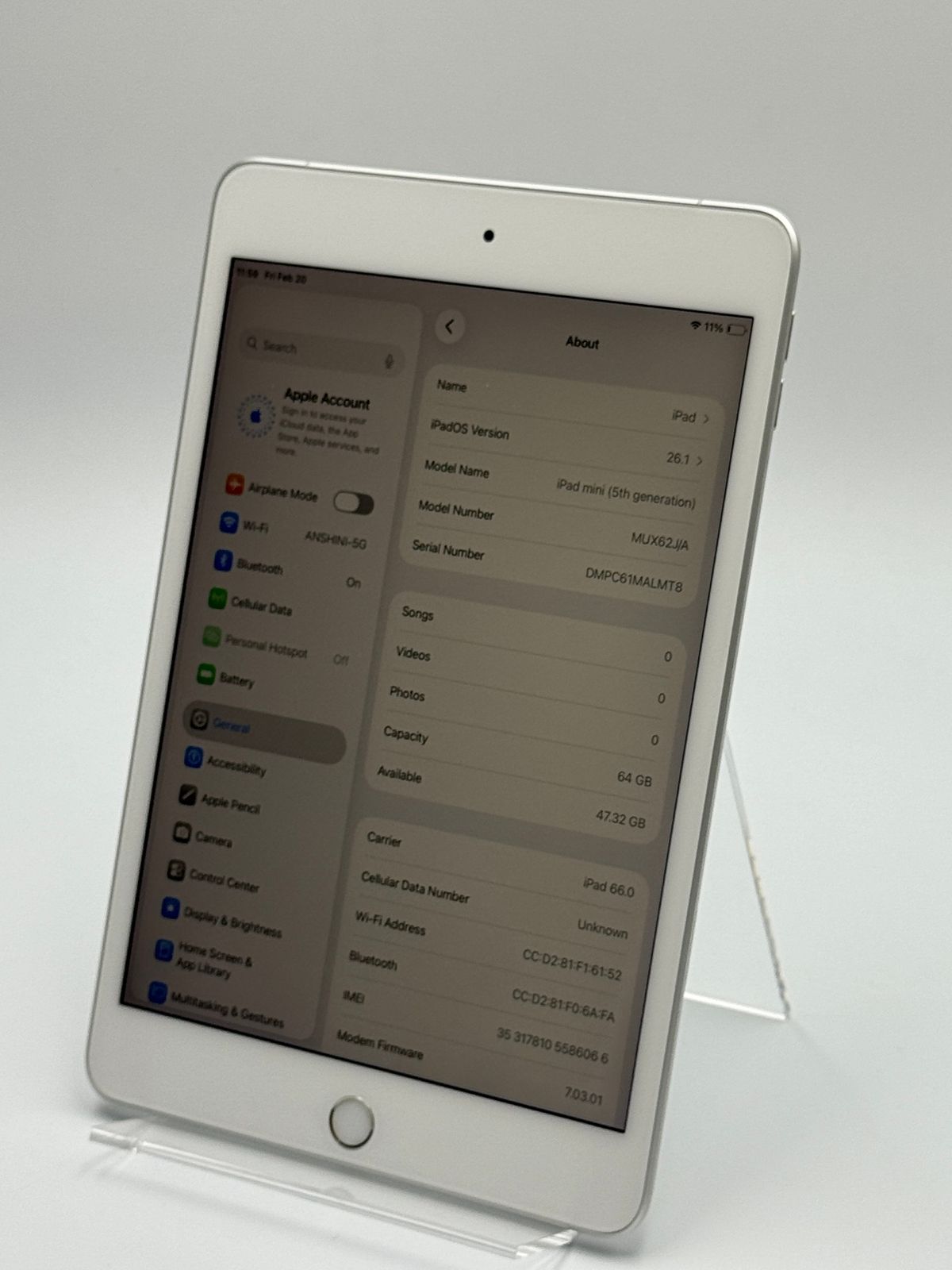 中古B】iPad mini 第5世代 64GB シルバー wifi+Cellular バッテリー