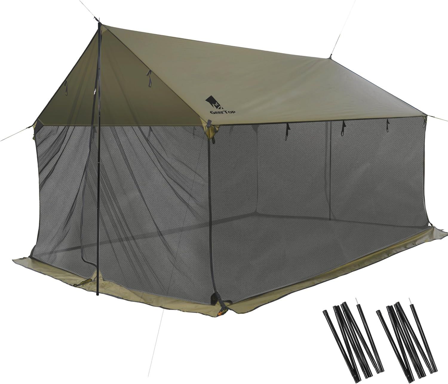 アーミーグリーン(ポール付き)】タープ メッシュ蚊帳付き ハンモック泊