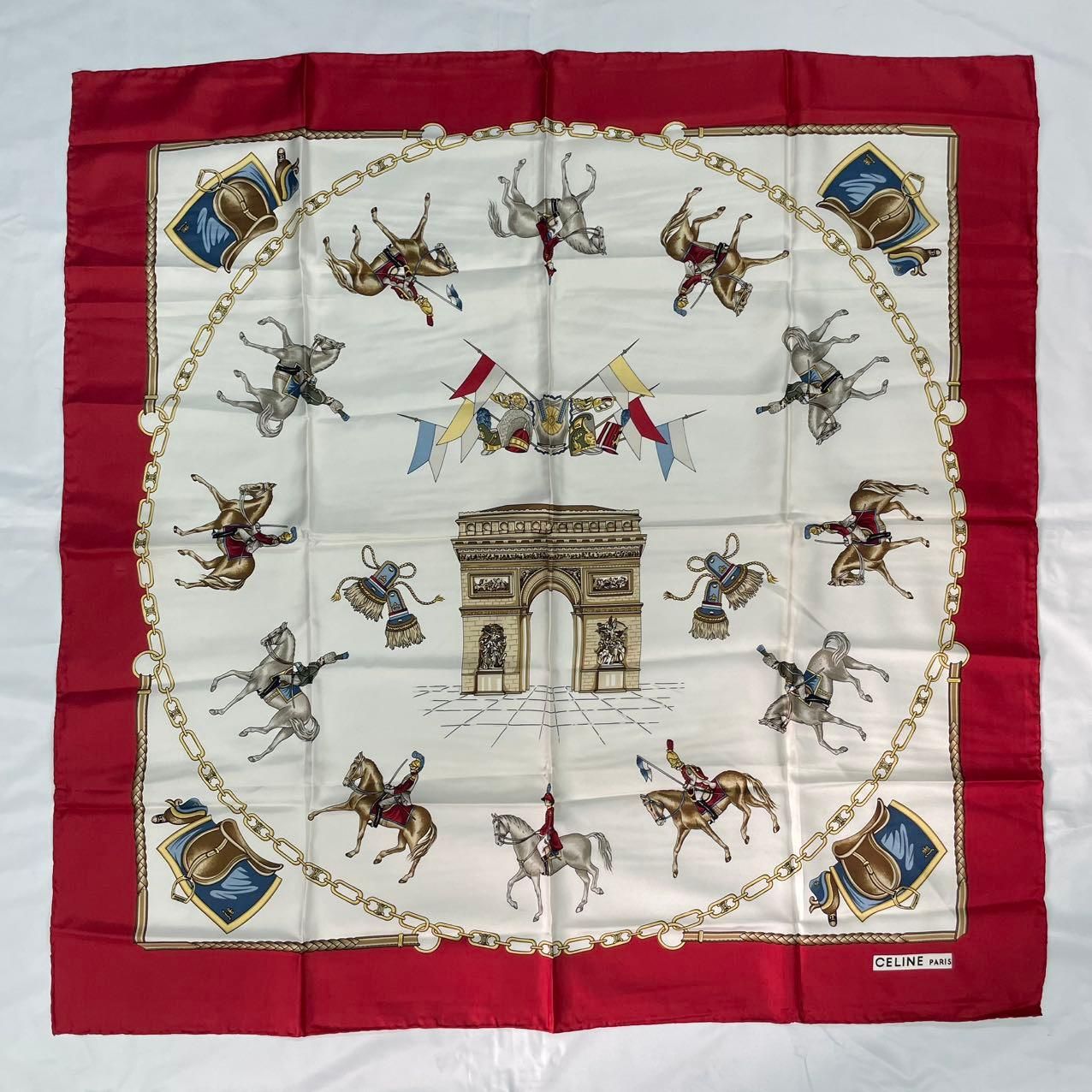 極美品 CELINE セリーヌ ﻿ー スカーフ シルク 馬と凱旋門 レッド 大判