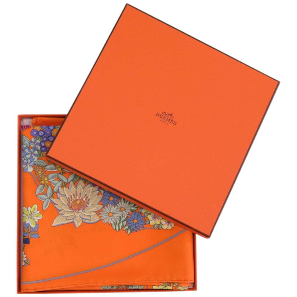 美品 エルメス カレ90 Planifleurs プラニフルール シルク オレンジ
