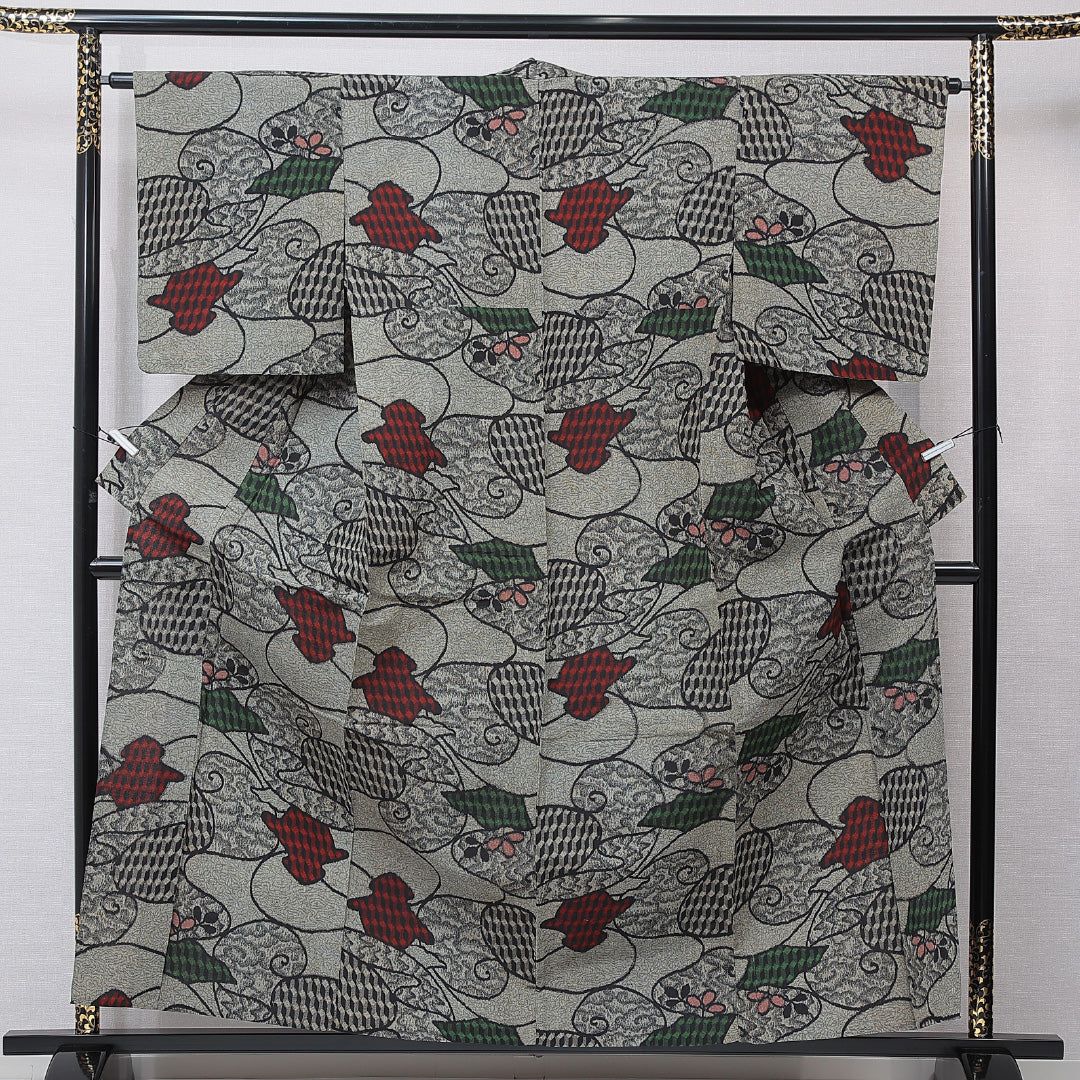 アンティーク お召 単衣 身丈161cm 裄丈64cm 正絹 Cランク Lサイズ