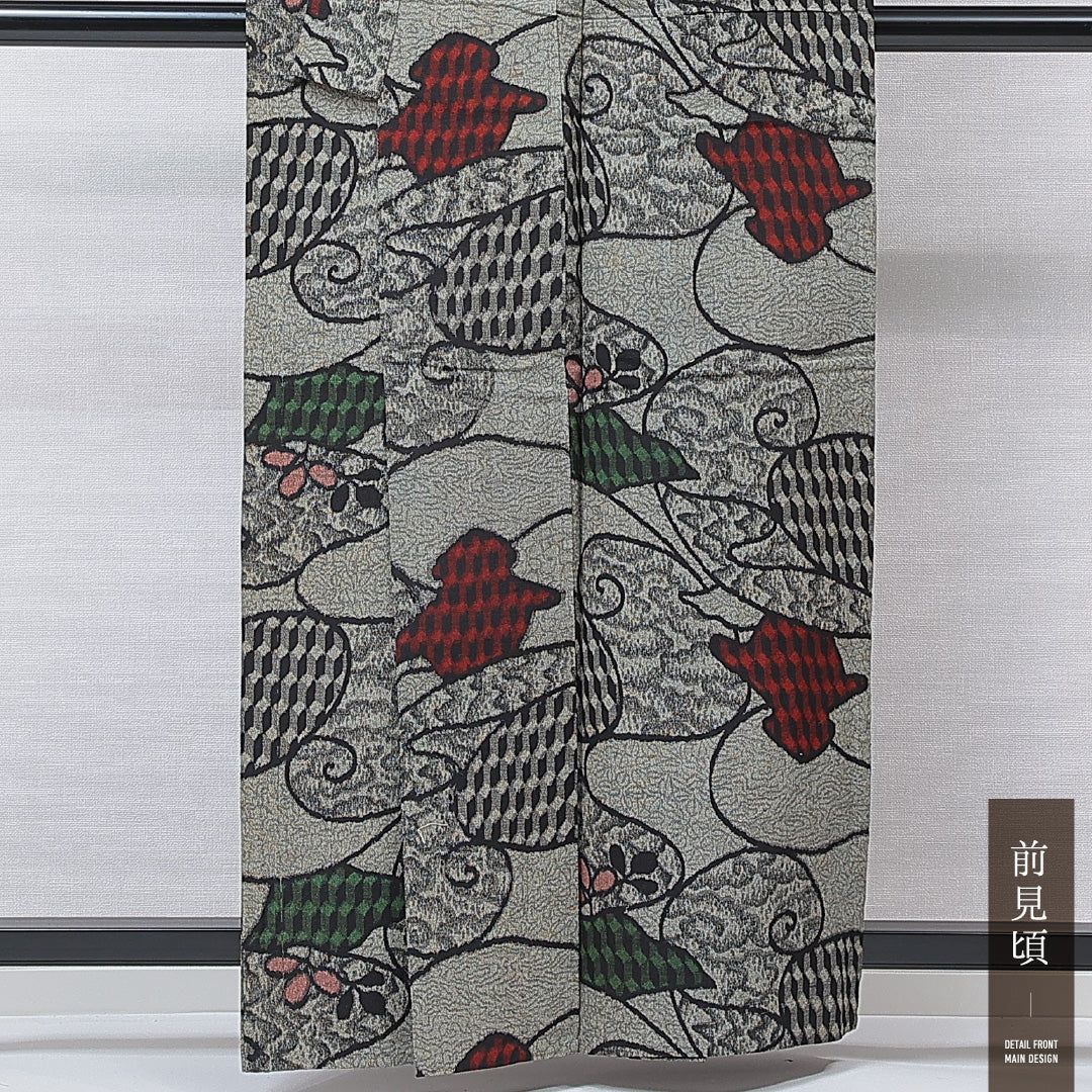 アンティーク お召 単衣 身丈161cm 裄丈64cm 正絹 Cランク Lサイズ