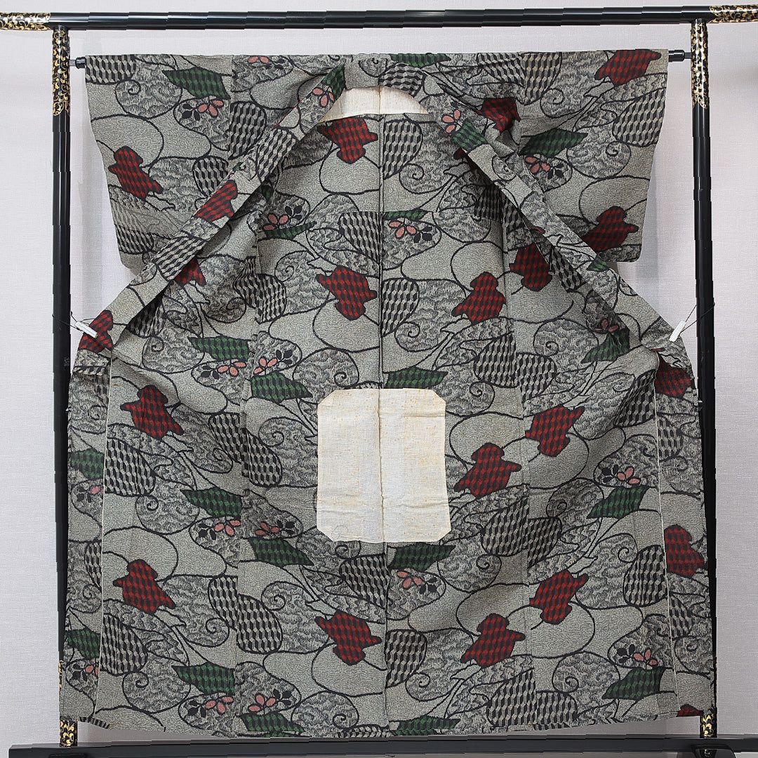 アンティーク お召 単衣 身丈161cm 裄丈64cm 正絹 Cランク Lサイズ