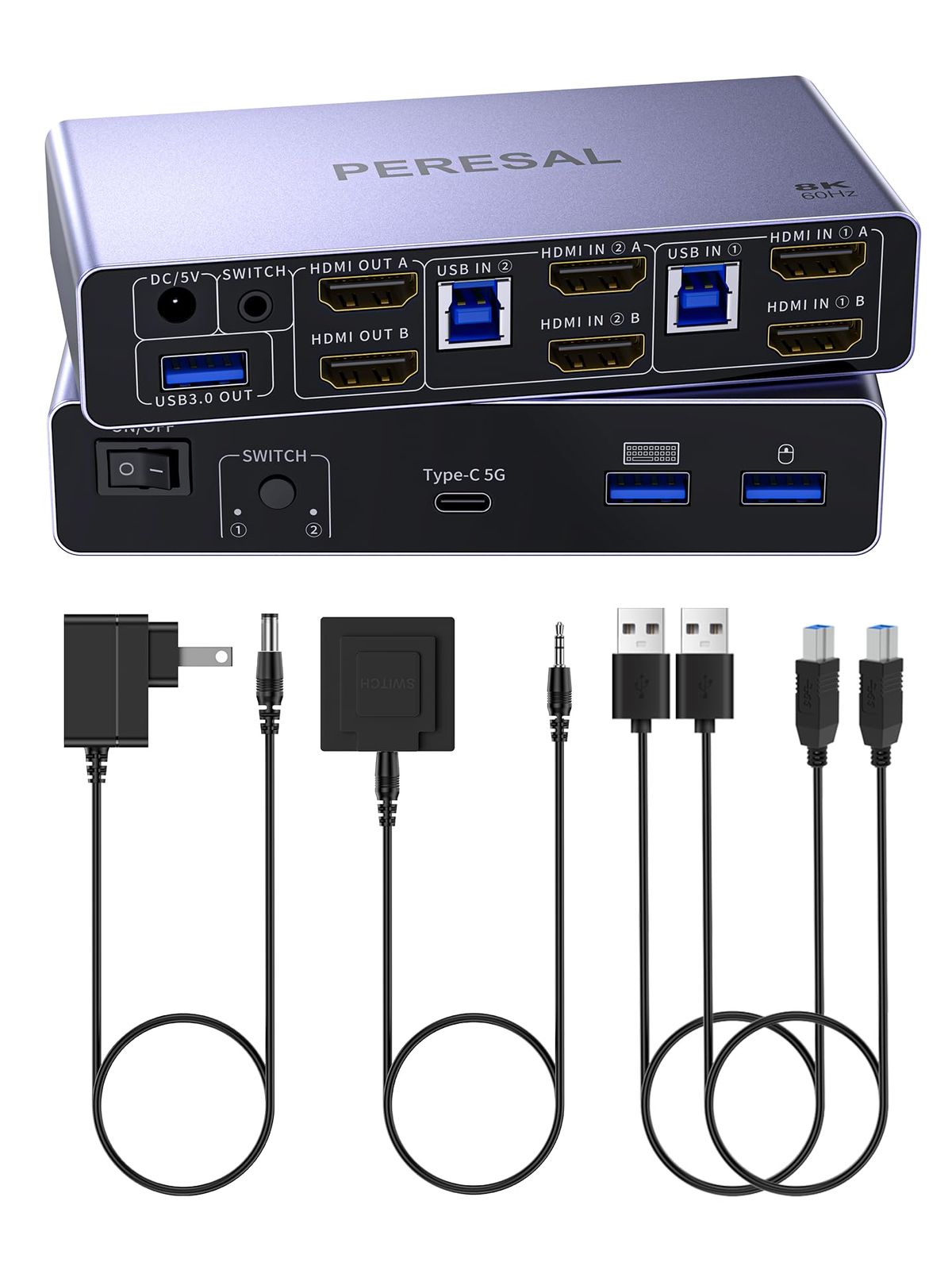 PERESAL USB 3.0 HDMI KVM Switch 2ディスプレイ2台、8K@60Hzデュアルモード切り替え、USB 3.0ポート3個、デスクトップコントローラとUSBケーブル2本付き