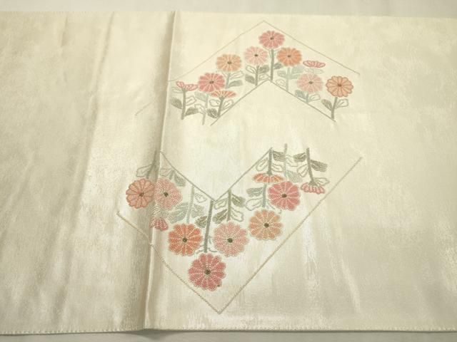 六通柄袋帯 花柄 鳳凰刺繍 ベージュ系 リサイクル着物】袋帯 金色 宝相
