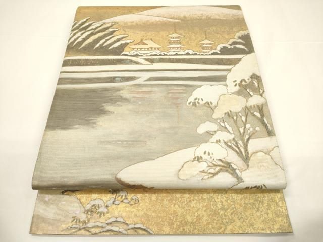 平和屋着物▽六通柄袋帯 螺鈿箔 遠山風景文 金彩 引箔 正絹 逸品