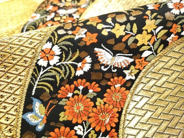 平和屋着物○西陣 河合美術織物謹製 六通柄袋帯 唐織 扇面花蝶文 黒地