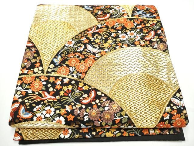 平和屋着物○西陣 河合美術織物謹製 六通柄袋帯 唐織 扇面花蝶文 黒地