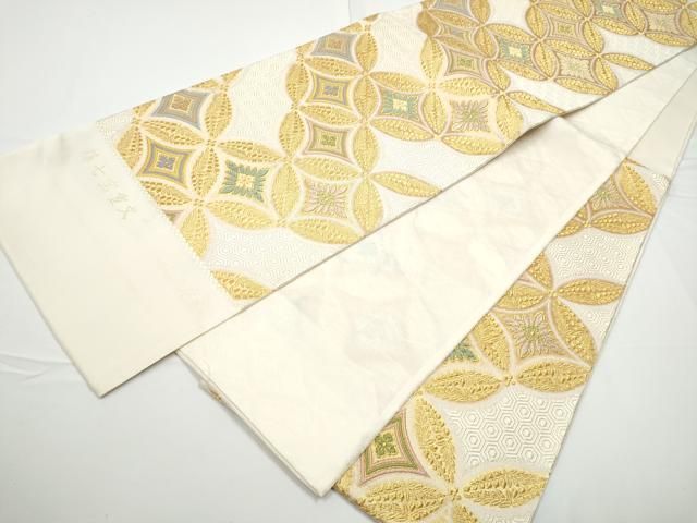 【超美品】袋帯　明綴れ織　金糸　お太鼓柄　黒金キラキラ　柔らかめ 平和屋着物▽明綴れ 太鼓柄袋帯 正倉院花文 金糸 正絹