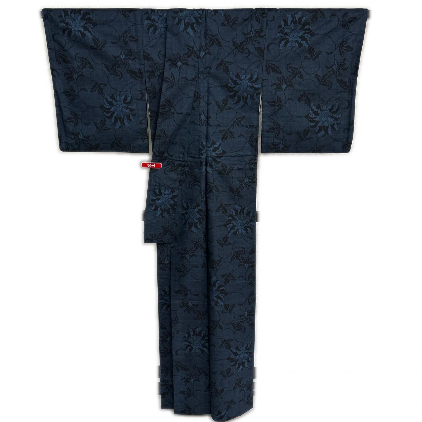 本場大島紬 一元式 泥藍染 花唐草 素敵な絣柄 正絹 着物 MK-4139