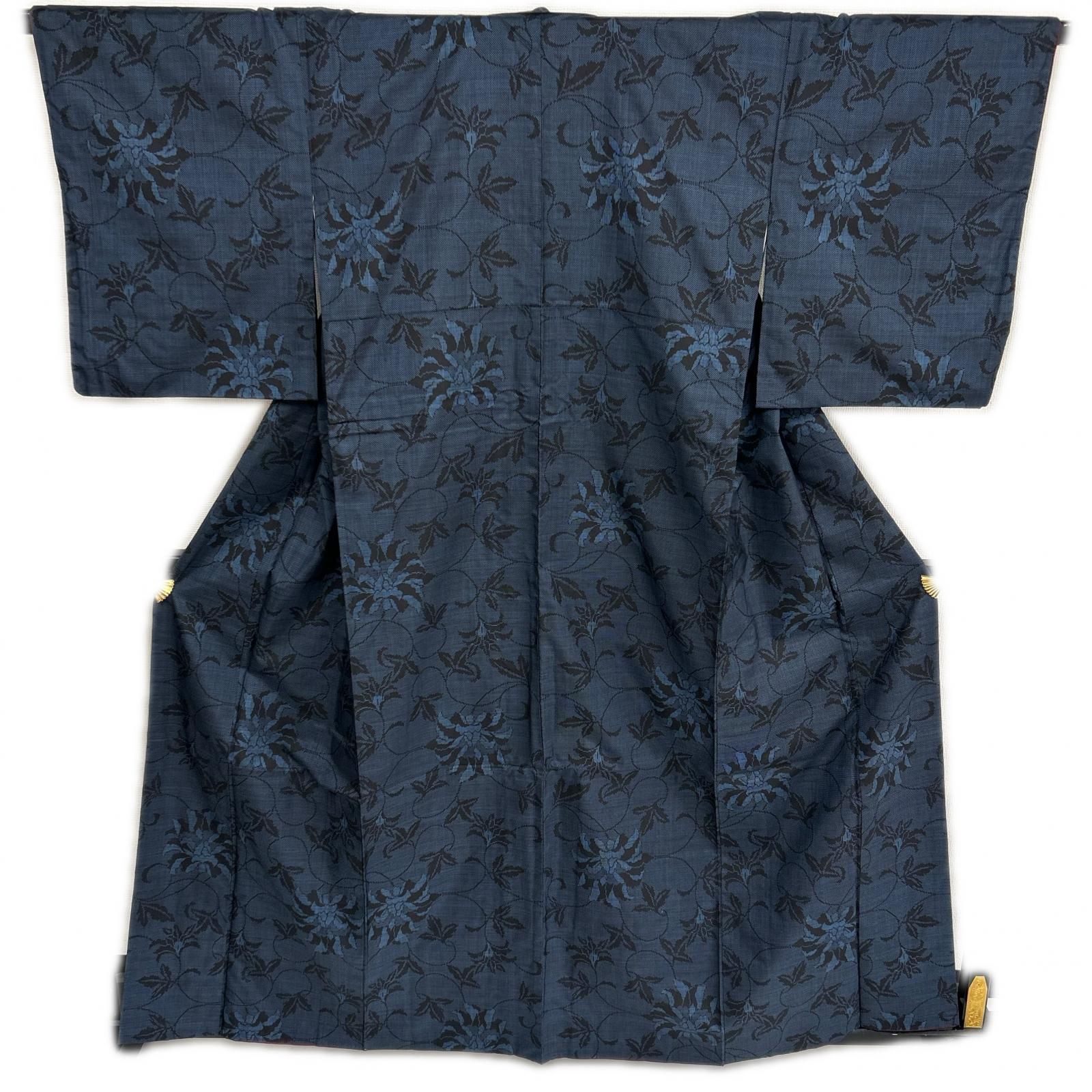 本場大島紬 一元式 泥藍染 花唐草 素敵な絣柄 正絹 着物 MK-4139