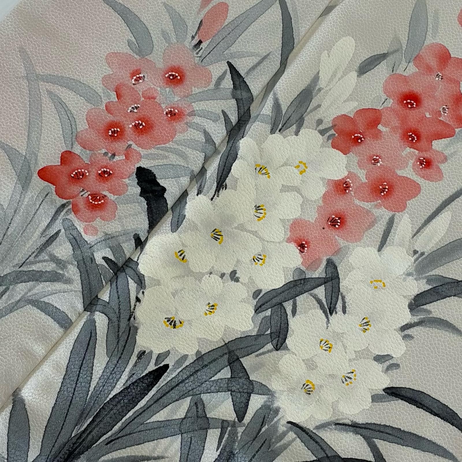 付け下げ 正絹 紋なし 美しい染めの花 裄65 袷 着物 MK-4157