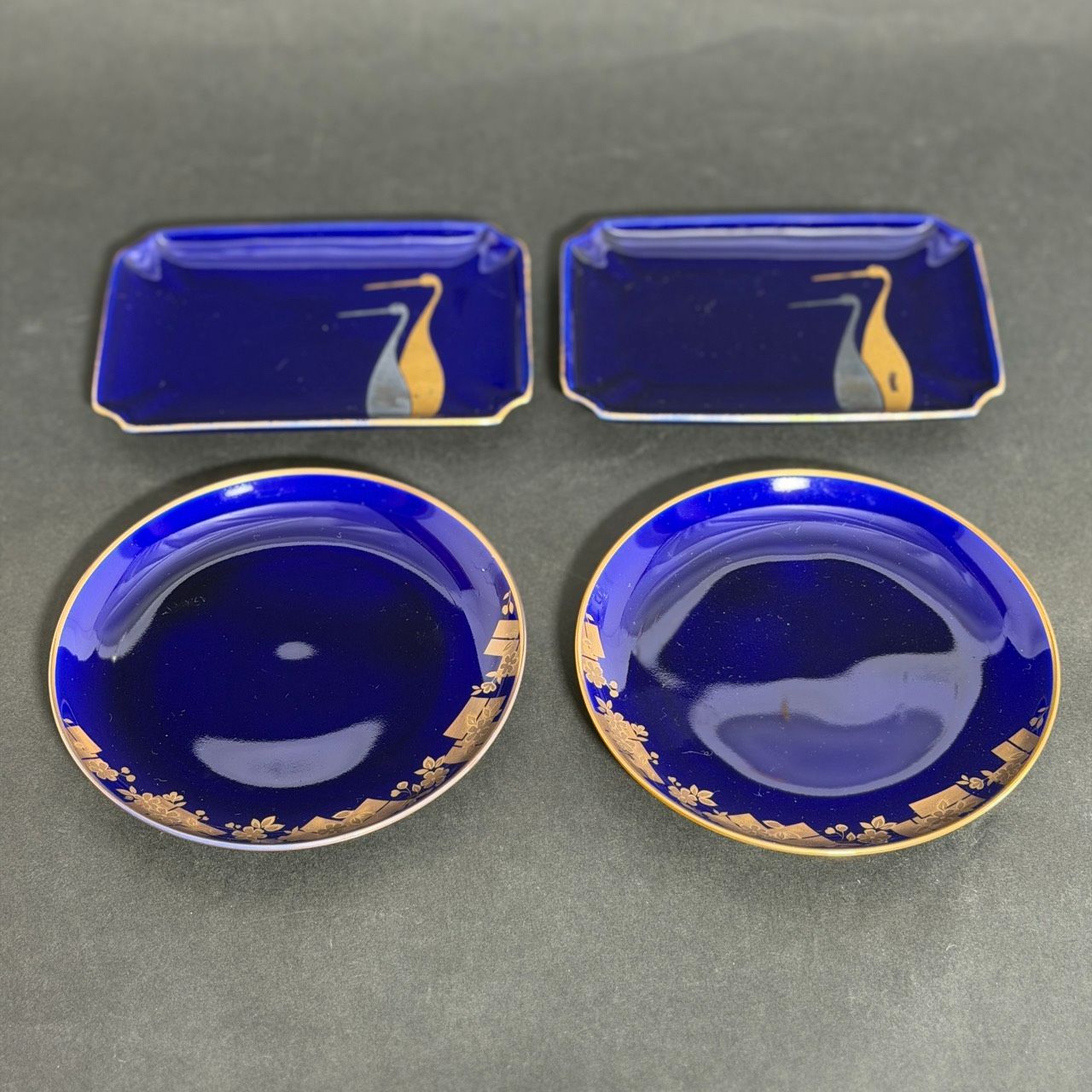 有田焼 ☆深川製磁 瑠璃 夫婦鶴 金彩 角皿 2枚 ☆ノリタケ 瑠璃金彩
