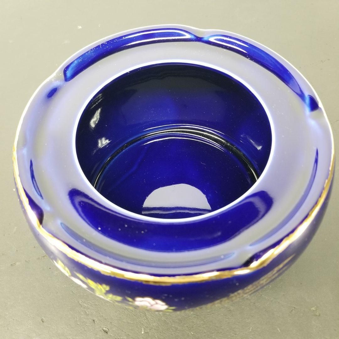 昭和レトロ 陶器製 灰皿 濃紺 金彩 花鳥 孔雀 牡丹 金縁 外径17cm