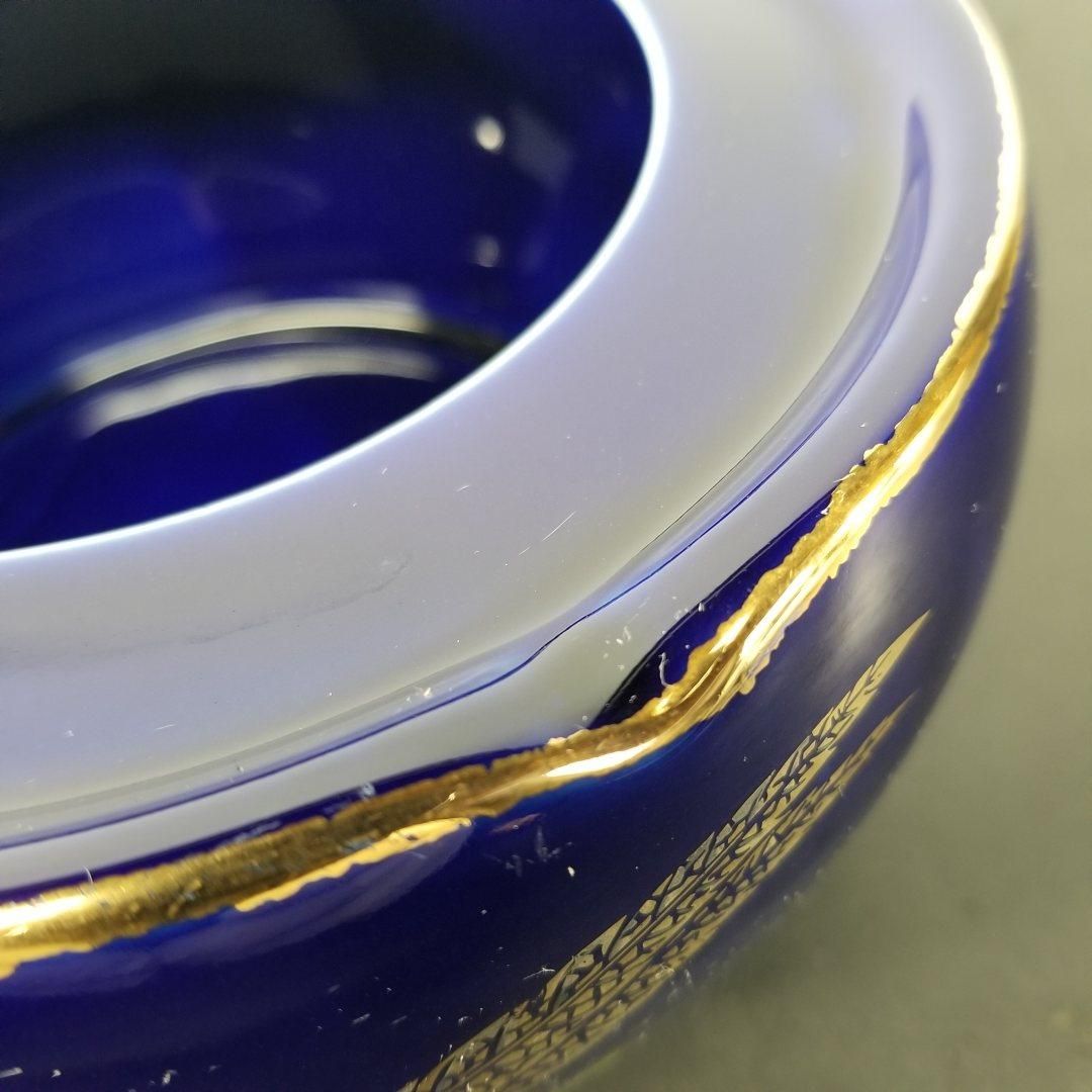 昭和レトロ 陶器製 灰皿 濃紺 金彩 花鳥 孔雀 牡丹 金縁 外径17cm