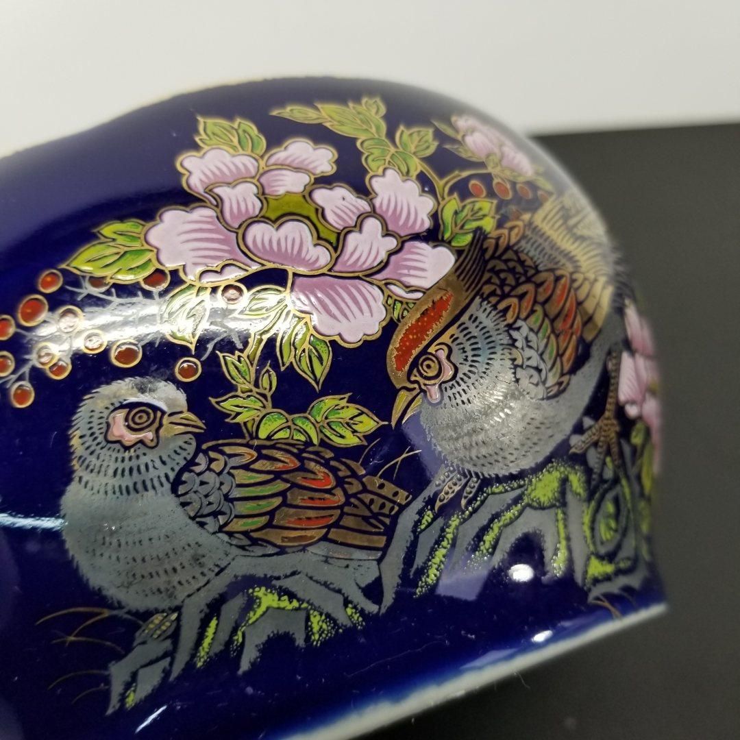 昭和レトロ 陶器製 灰皿 濃紺 金彩 花鳥 孔雀 牡丹 金縁 外径17cm