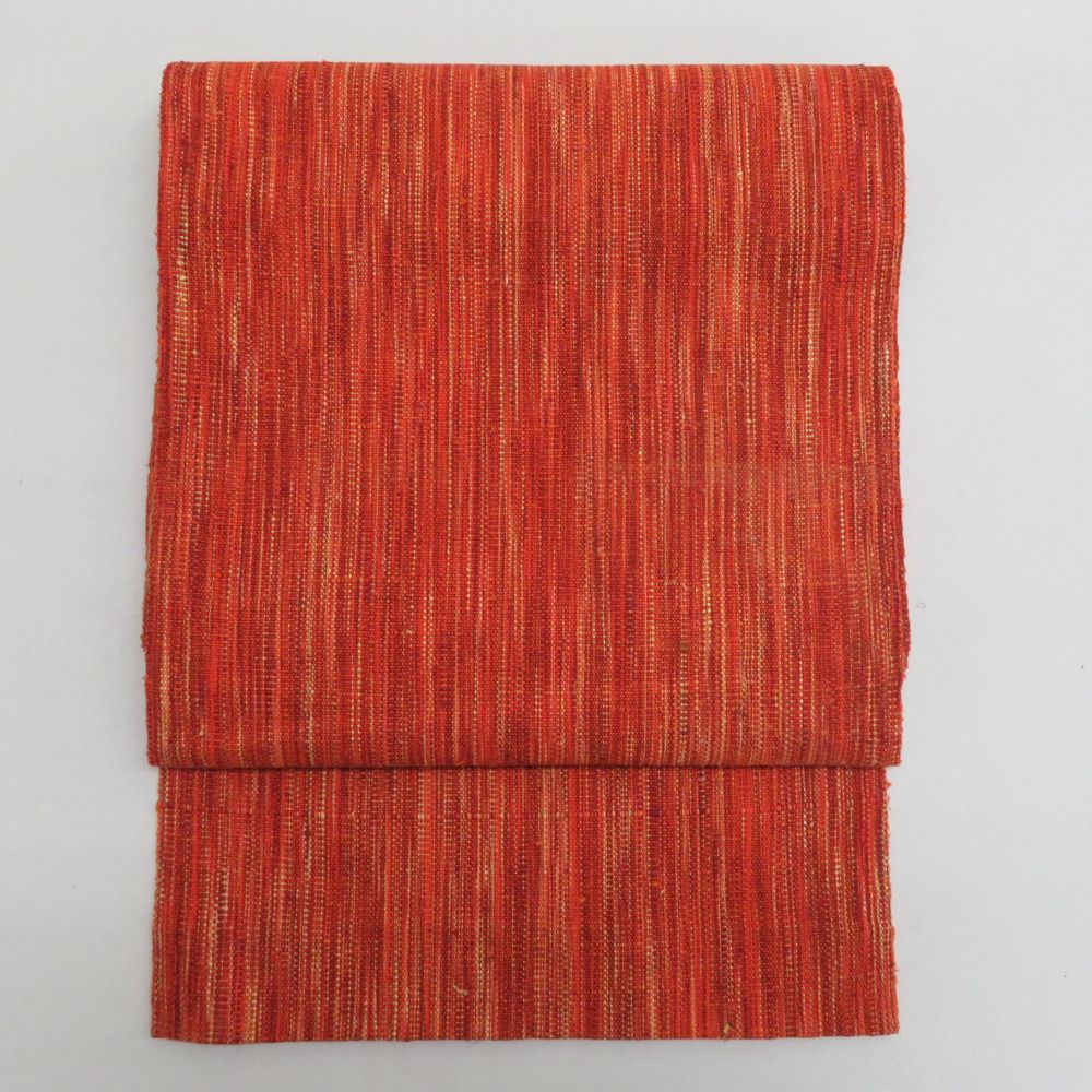 名古屋帯 正絹 紬 オレンジ色x黄色 縞模様 全通柄 着物帯 カジュアル