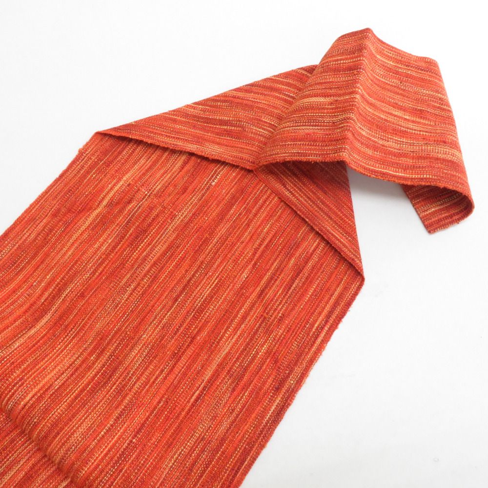 名古屋帯 正絹 紬 オレンジ色x黄色 縞模様 全通柄 着物帯 カジュアル