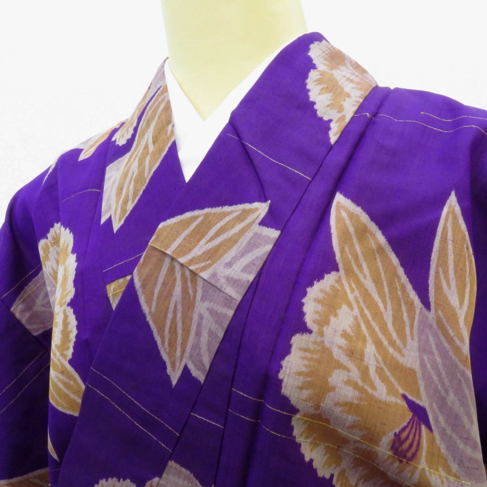 小紋 アンティーク 銘仙 昔着物 紫地 花 袷 バチ衿 正絹 昔きもの