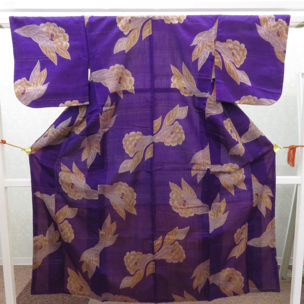 小紋 アンティーク 銘仙 昔着物 紫地 花 袷 バチ衿 正絹 昔きもの