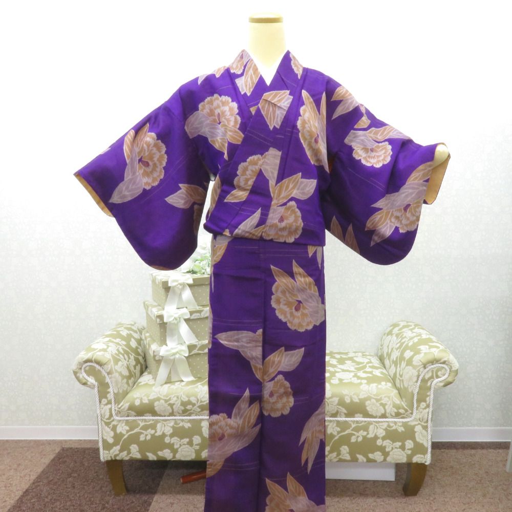 小紋 アンティーク 銘仙 昔着物 紫地 花 袷 バチ衿 正絹 昔きもの