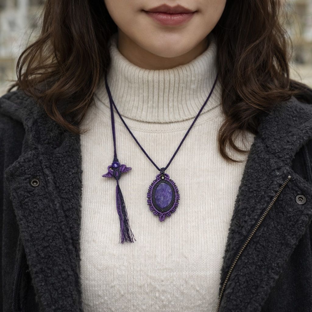 魅惑する癒しの紫魔石『チャロアイト』マクラメネックレス - メルカリ