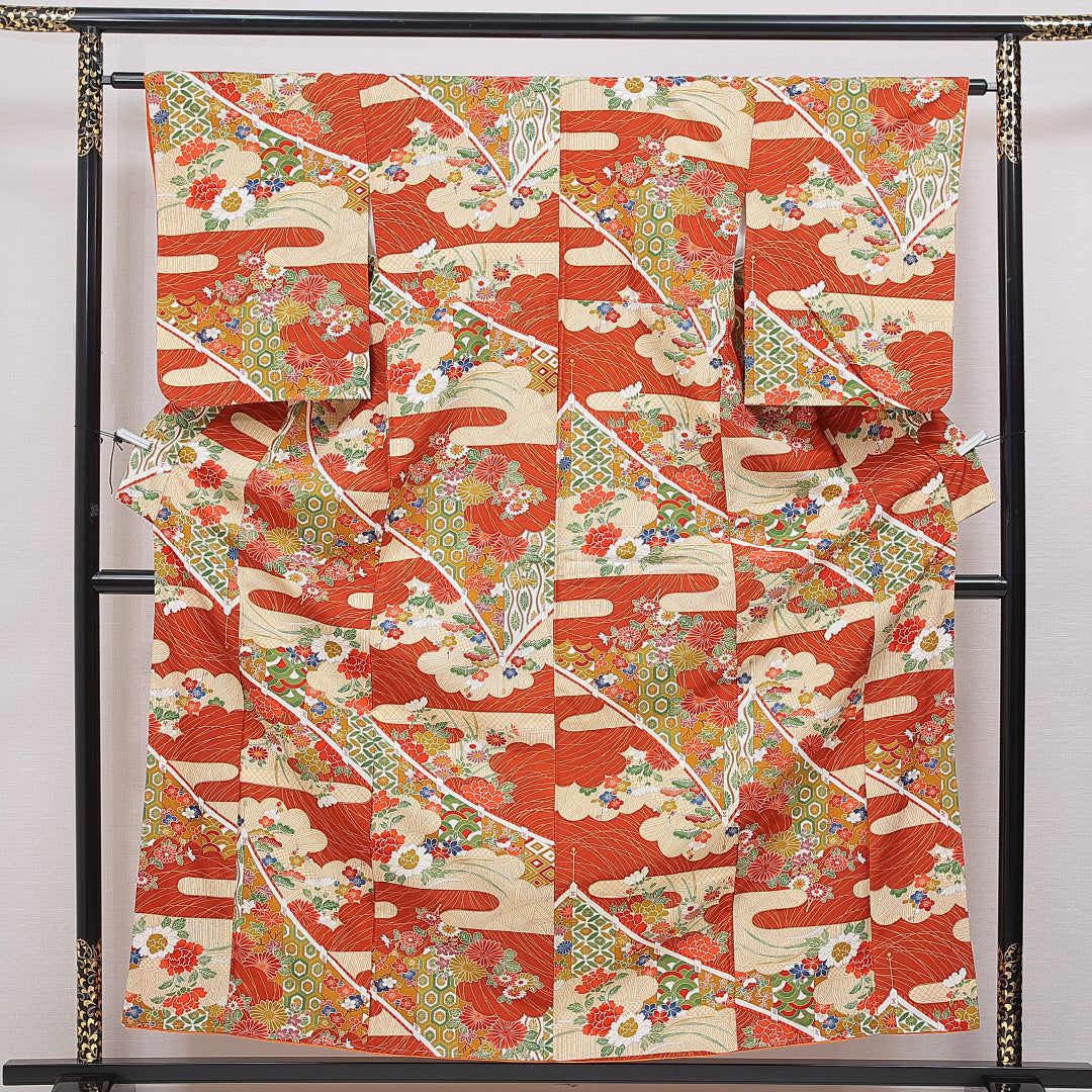 小紋 袷 身丈158cm 裄丈62cm 正絹 Sランク Mサイズ バチ衿 イン