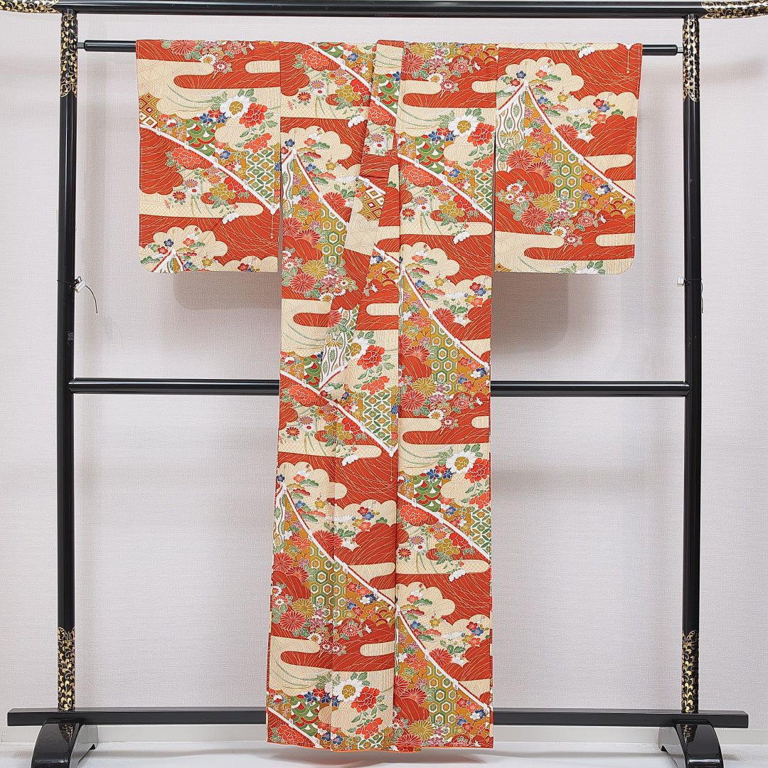 小紋 袷 身丈158cm 裄丈62cm 正絹 Sランク Mサイズ バチ衿 イン